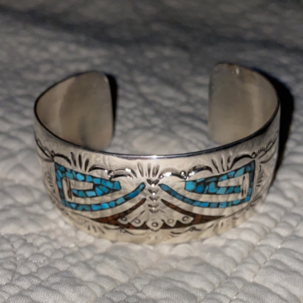 Turquoise / Coral Chip Sterling Silver Bracelet